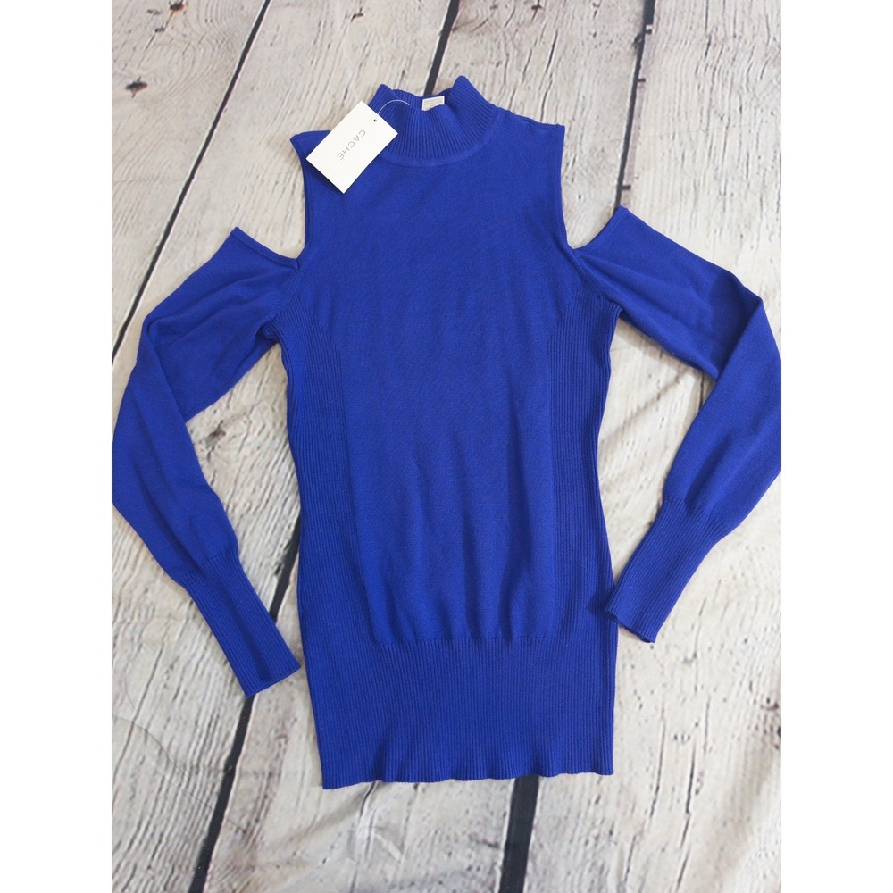 Cache Cold Shoulder Knit‎ Top Womens Small Blue Mock Neck Ribbed Y2K